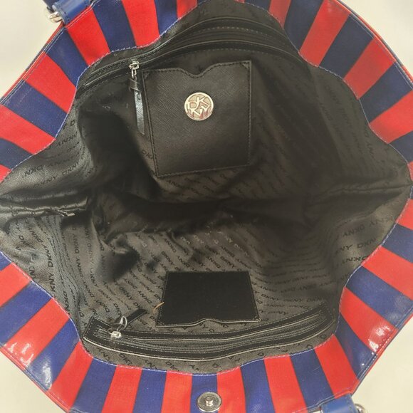 DKNY Striped Tote Red Blue Donna Karan New York Purse Bag Vinyl - Picture 7 of 14